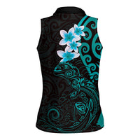 New Zealand Tuatara Plumeria Women Sleeveless Polo Shirt Maori Teal Koru Tribal Tattoo