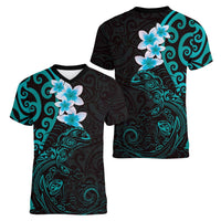 New Zealand Tuatara Plumeria Women V-Neck T-Shirt Maori Teal Koru Tribal Tattoo