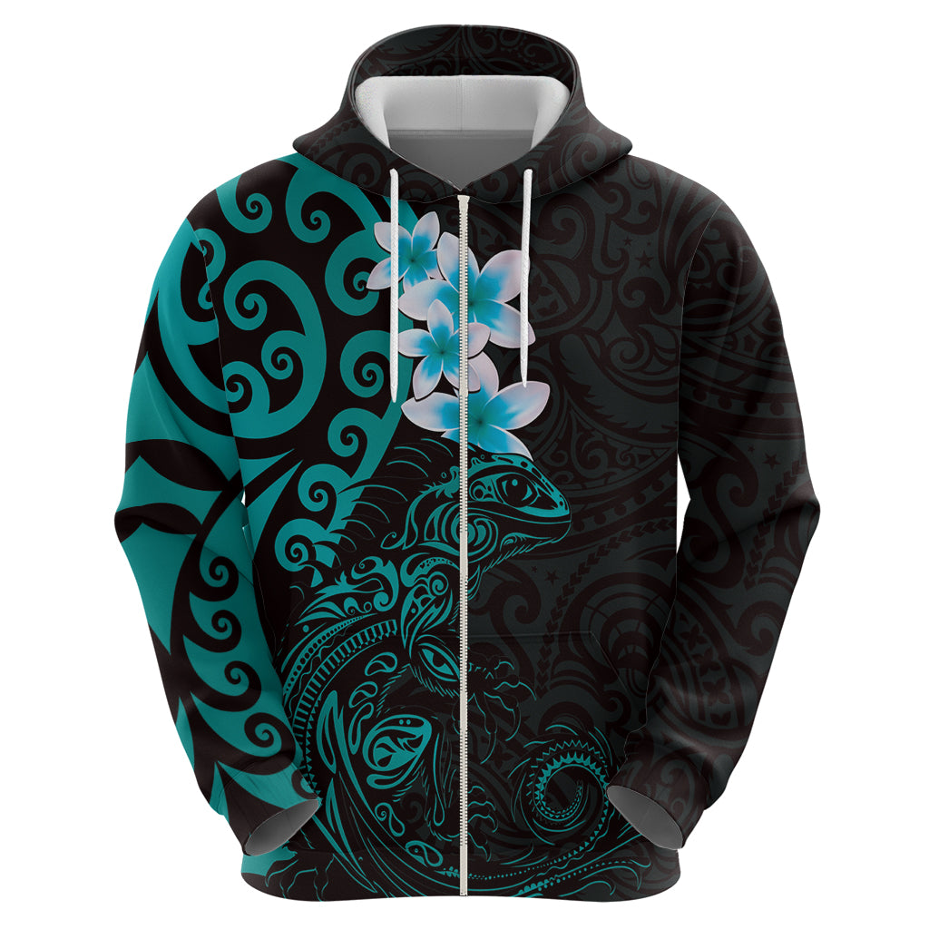 New Zealand Tuatara Plumeria Zip Hoodie Maori Teal Koru Tribal Tattoo LT01 - Polynesian Pride