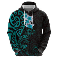 New Zealand Tuatara Plumeria Zip Hoodie Maori Teal Koru Tribal Tattoo LT01 - Polynesian Pride