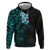 New Zealand Tuatara Plumeria Zip Hoodie Maori Teal Koru Tribal Tattoo LT01 Pullover Hoodie Teal - Polynesian Pride