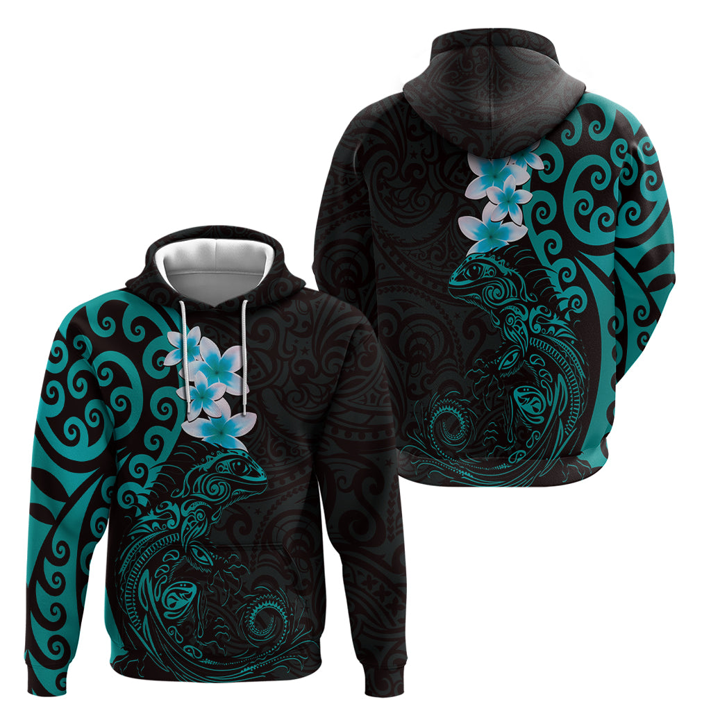 New Zealand Tuatara Plumeria Zip Hoodie Maori Teal Koru Tribal Tattoo LT01 - Polynesian Pride