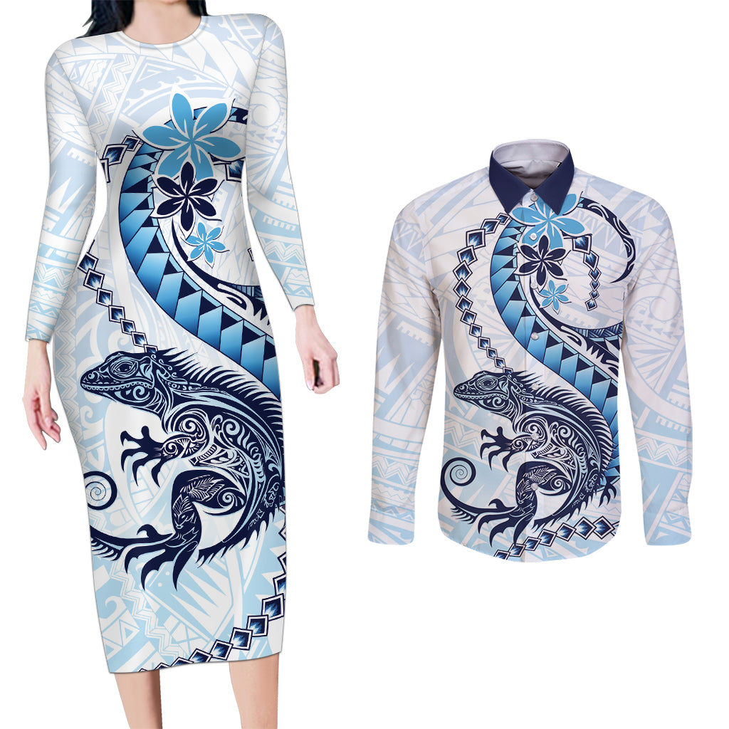 Blue Maori Tuatara Couples Matching Long Sleeve Bodycon Dress and Long Sleeve Button Shirt Luxury Pastel Pattern