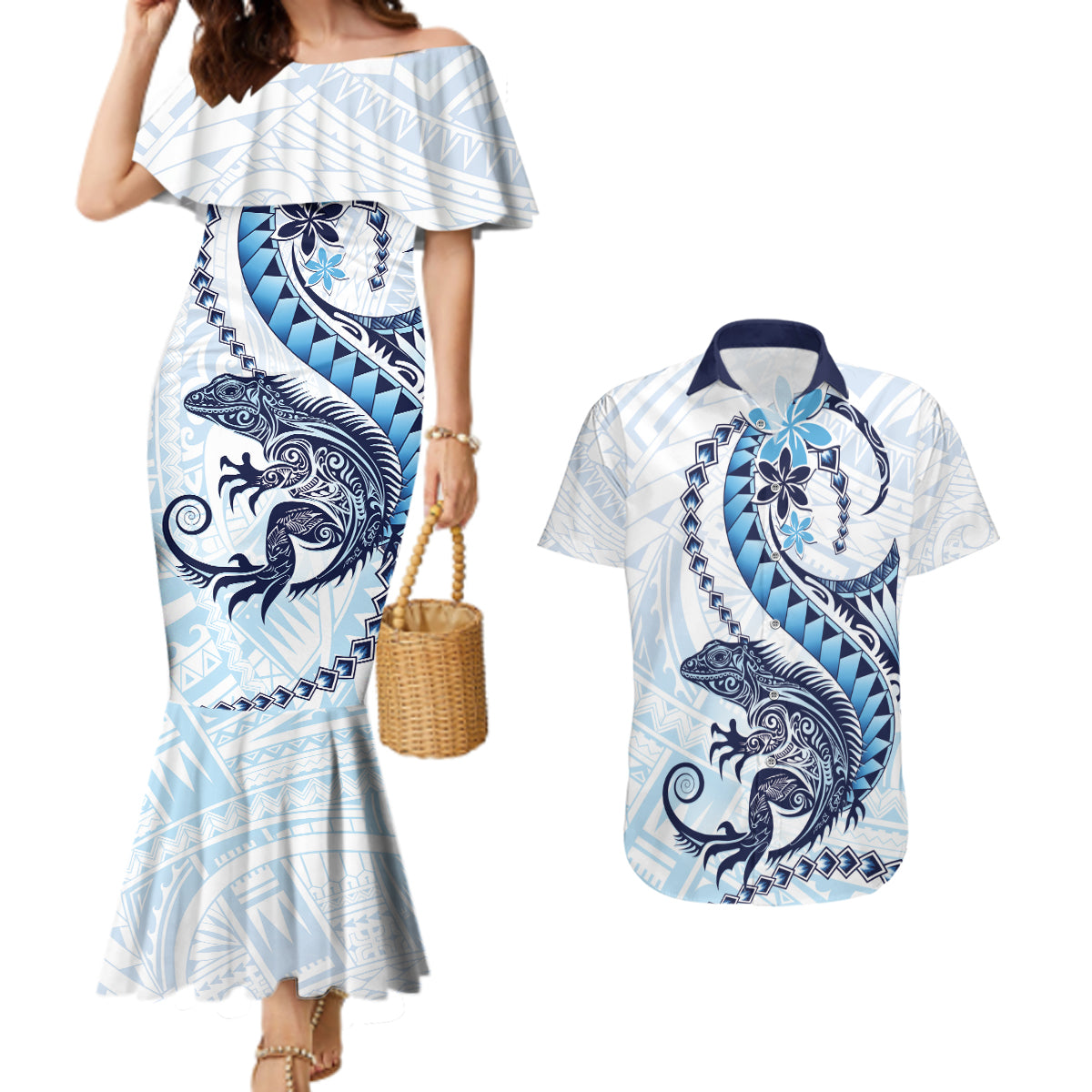 Blue Maori Tuatara Couples Matching Mermaid Dress and Hawaiian Shirt Luxury Pastel Pattern LT01 Blue - Polynesian Pride
