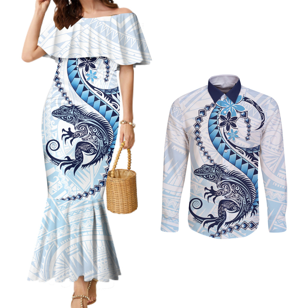 Blue Maori Tuatara Couples Matching Mermaid Dress and Long Sleeve Button Shirt Luxury Pastel Pattern LT01 Blue - Polynesian Pride