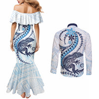 Blue Maori Tuatara Couples Matching Mermaid Dress and Long Sleeve Button Shirt Luxury Pastel Pattern
