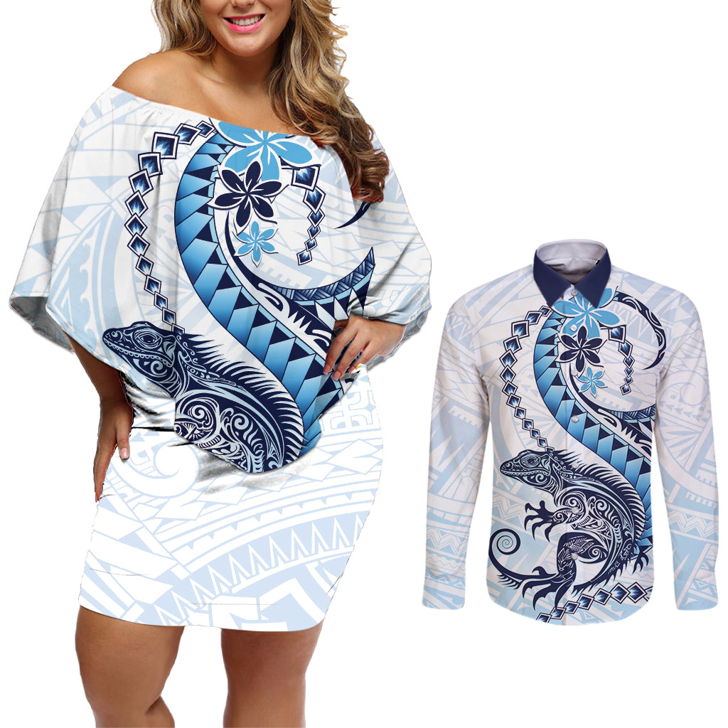 Blue Maori Tuatara Couples Matching Off Shoulder Short Dress and Long Sleeve Button Shirt Luxury Pastel Pattern
