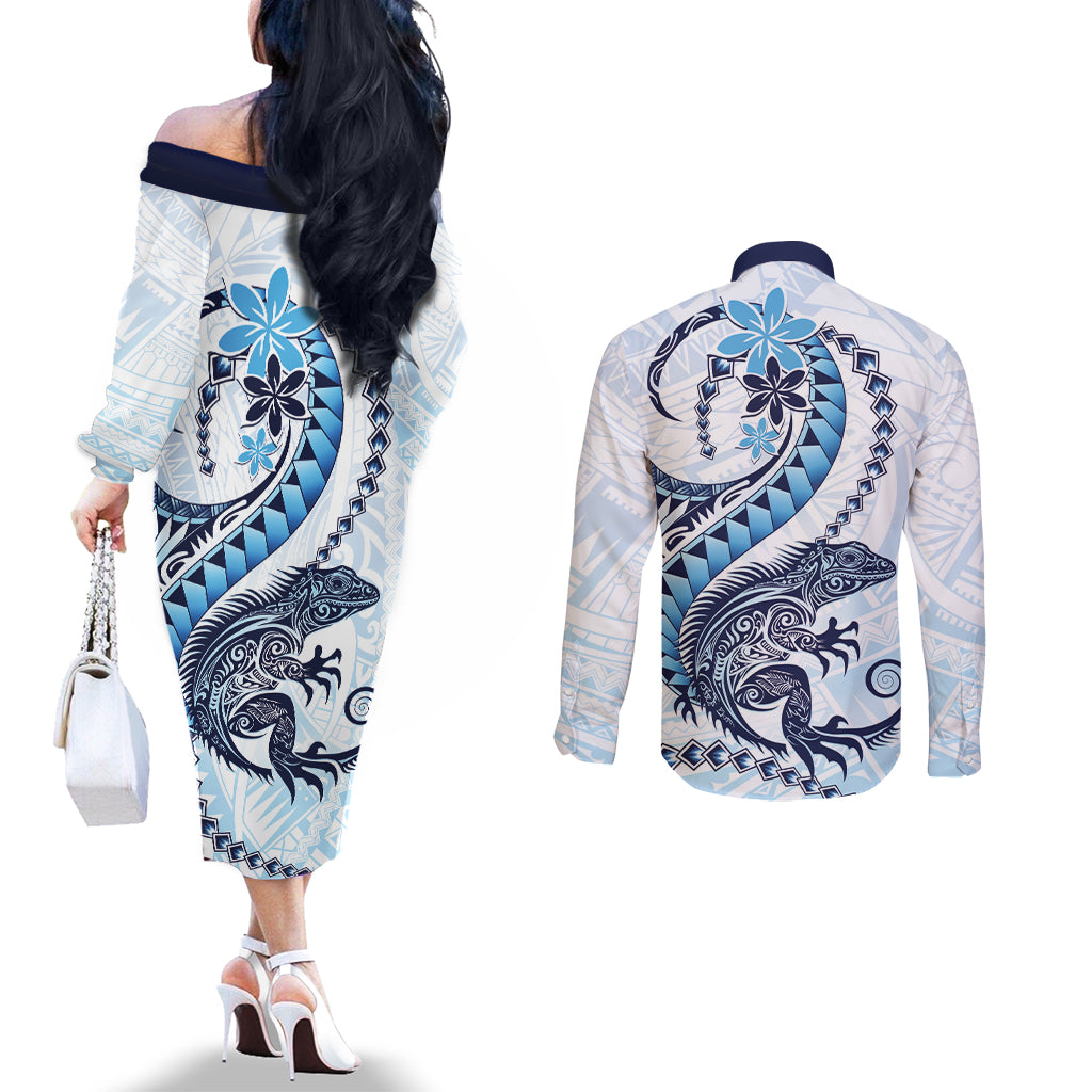 Blue Maori Tuatara Couples Matching Off The Shoulder Long Sleeve Dress and Long Sleeve Button Shirt Luxury Pastel Pattern