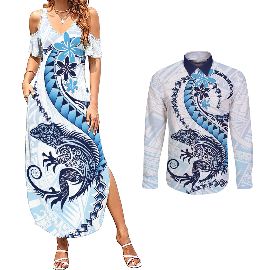 Blue Maori Tuatara Couples Matching Summer Maxi Dress and Long Sleeve Button Shirt Luxury Pastel Pattern LT01 Blue - Polynesian Pride