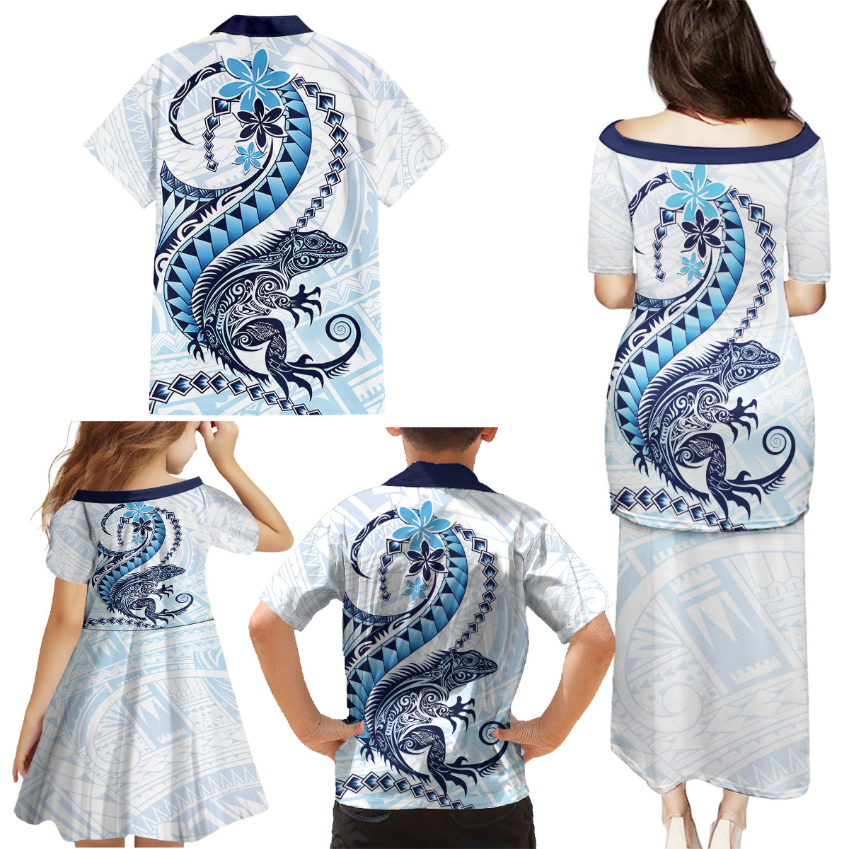 Blue Maori Tuatara Family Matching Puletasi and Hawaiian Shirt Luxury Pastel Pattern LT01 - Polynesian Pride