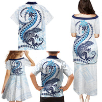 Blue Maori Tuatara Family Matching Puletasi and Hawaiian Shirt Luxury Pastel Pattern LT01 - Polynesian Pride