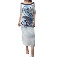 Blue Maori Tuatara Family Matching Puletasi and Hawaiian Shirt Luxury Pastel Pattern LT01 Mom's Dress Blue - Polynesian Pride