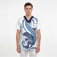 Blue Maori Tuatara Scrub Top Luxury Pastel Pattern - Polynesian Pride
