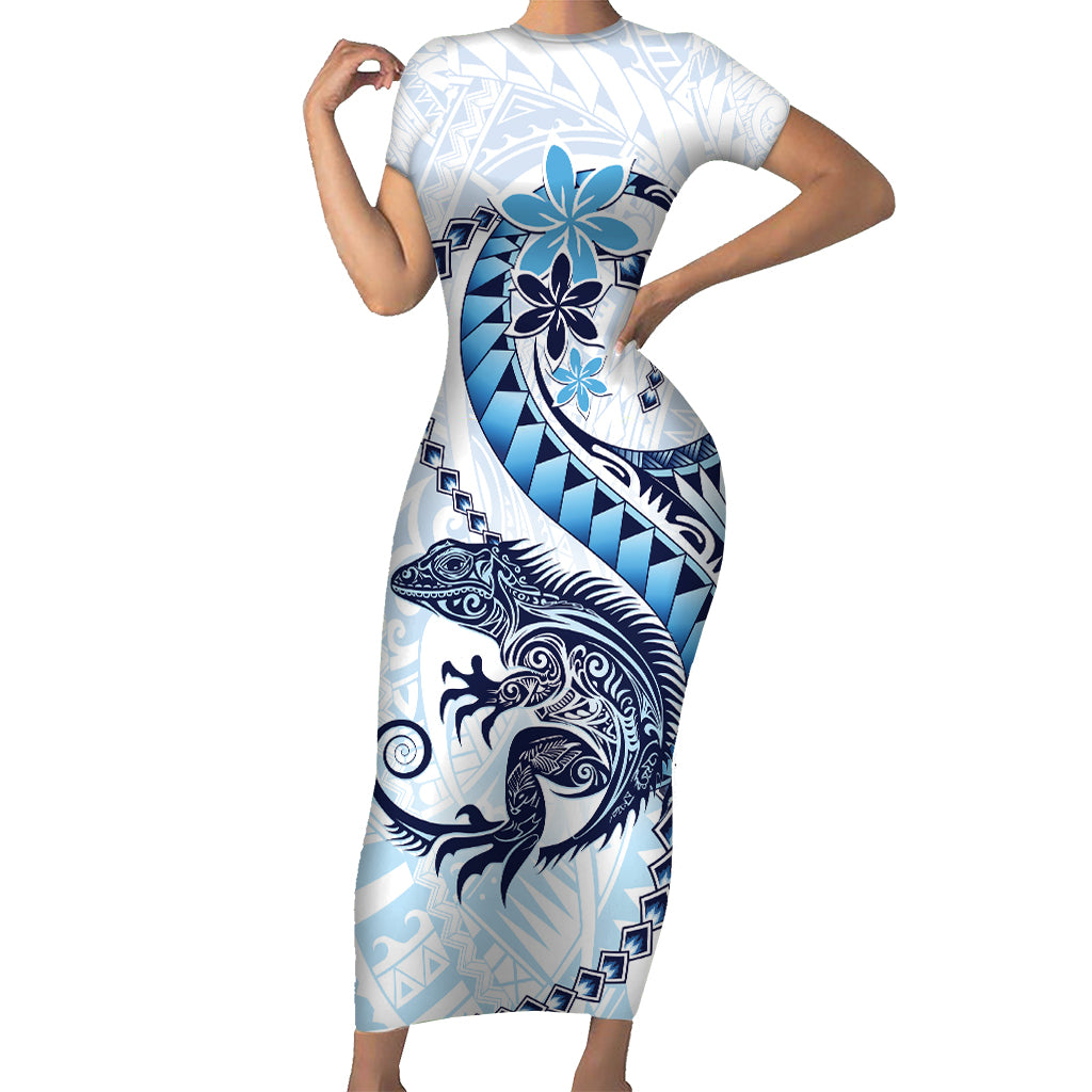 Blue Maori Tuatara Short Sleeve Bodycon Dress Luxury Pastel Pattern LT01 Long Dress Blue - Polynesian Pride
