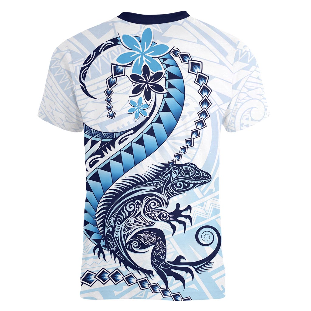Blue Maori Tuatara Women V-Neck T-Shirt Luxury Pastel Pattern