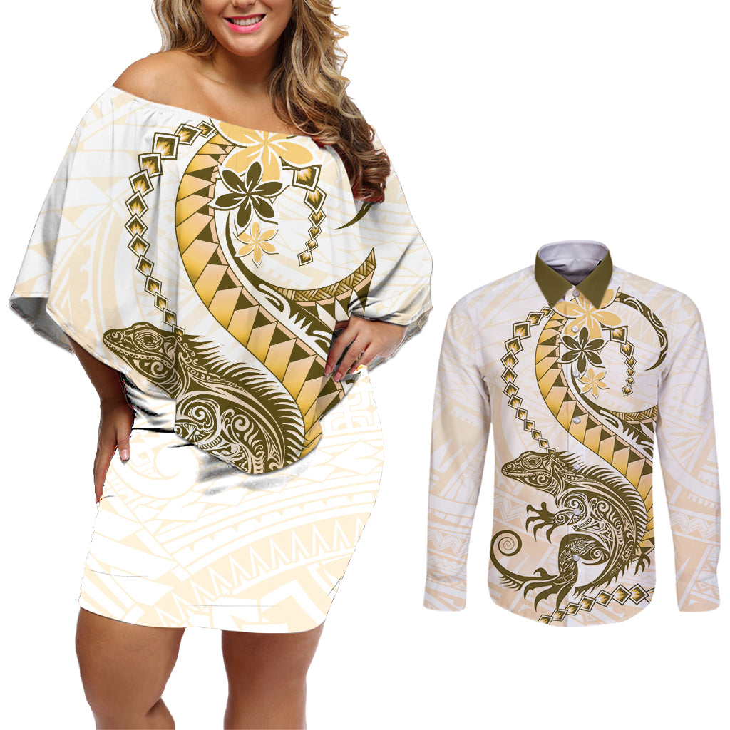 Gold Maori Tuatara Couples Matching Off Shoulder Short Dress and Long Sleeve Button Shirt Luxury Pastel Pattern