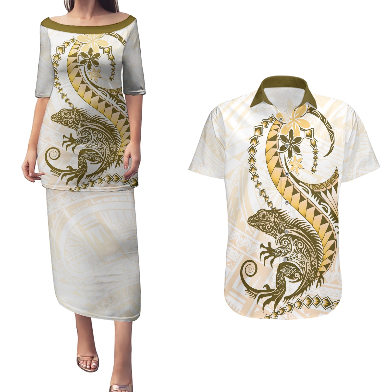 Gold Maori Tuatara Couples Matching Puletasi and Hawaiian Shirt Luxury Pastel Pattern