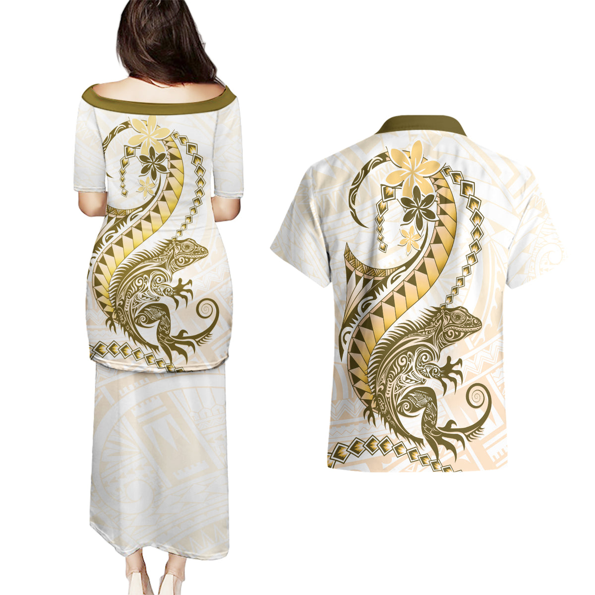 Gold Maori Tuatara Couples Matching Puletasi and Hawaiian Shirt Luxury Pastel Pattern