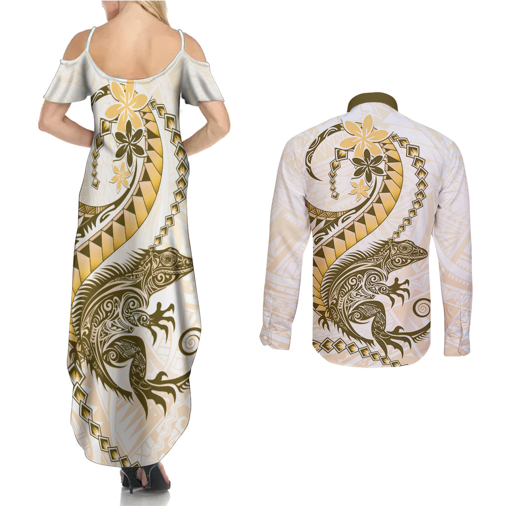 Gold Maori Tuatara Couples Matching Summer Maxi Dress and Long Sleeve Button Shirt Luxury Pastel Pattern