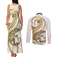 Gold Maori Tuatara Couples Matching Tank Maxi Dress and Long Sleeve Button Shirt Luxury Pastel Pattern