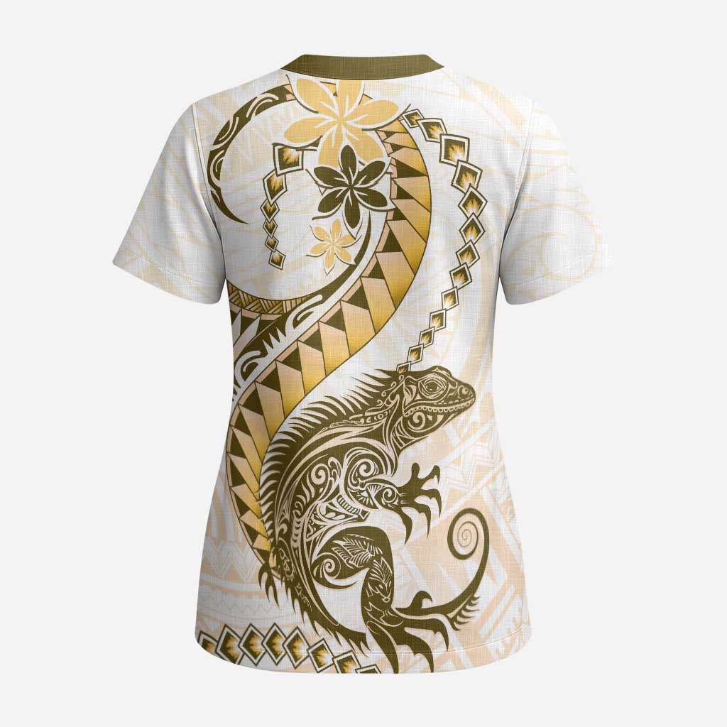 Gold Maori Tuatara Scrub Top Luxury Pastel Pattern - Polynesian Pride