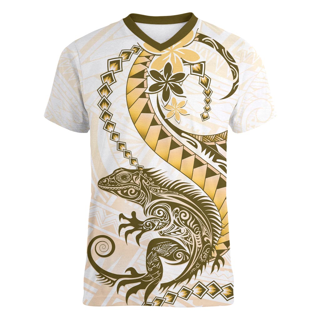 Gold Maori Tuatara Women V-Neck T-Shirt Luxury Pastel Pattern