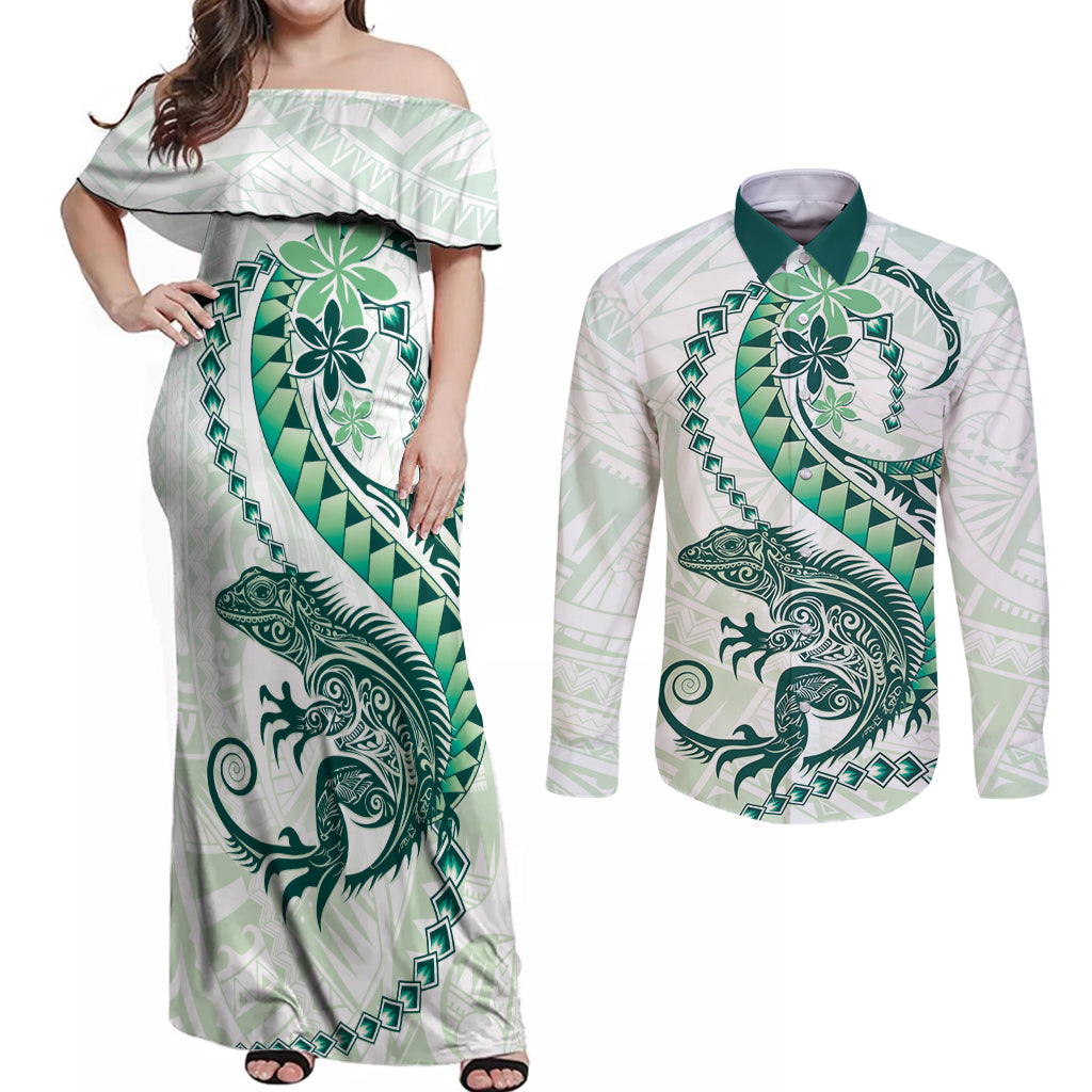 Green Maori Tuatara Couples Matching Off Shoulder Maxi Dress and Long Sleeve Button Shirt Luxury Pastel Pattern
