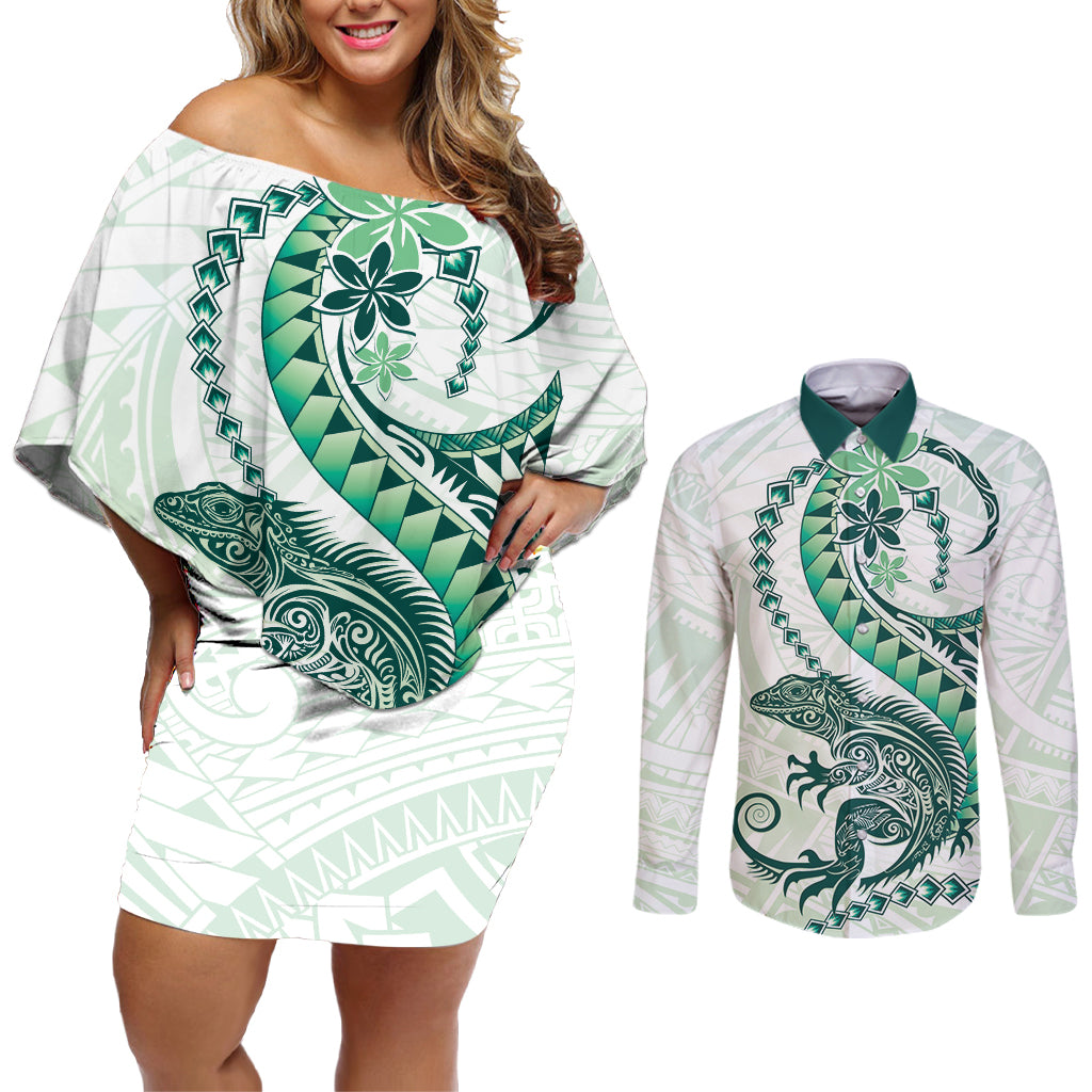 Green Maori Tuatara Couples Matching Off Shoulder Short Dress and Long Sleeve Button Shirt Luxury Pastel Pattern