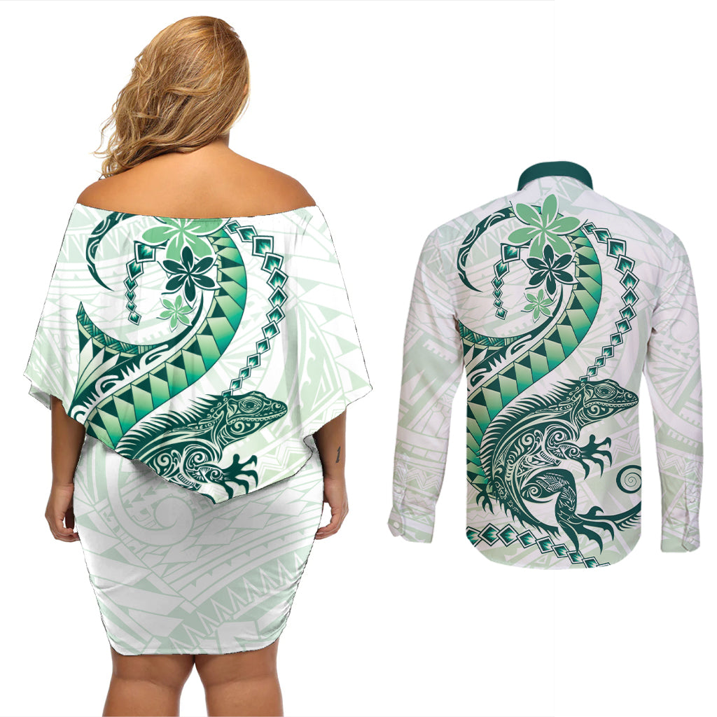 Green Maori Tuatara Couples Matching Off Shoulder Short Dress and Long Sleeve Button Shirt Luxury Pastel Pattern