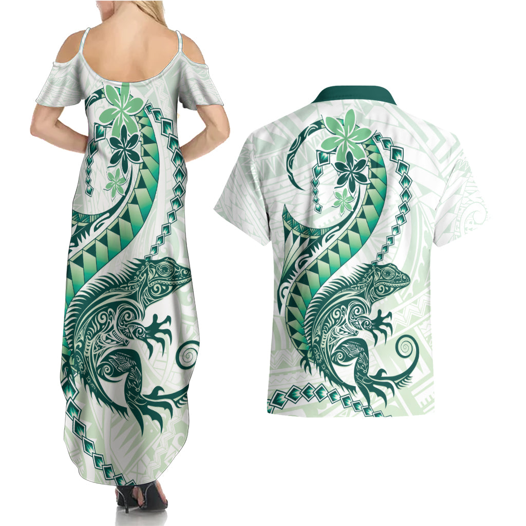 Green Maori Tuatara Couples Matching Summer Maxi Dress and Hawaiian Shirt Luxury Pastel Pattern