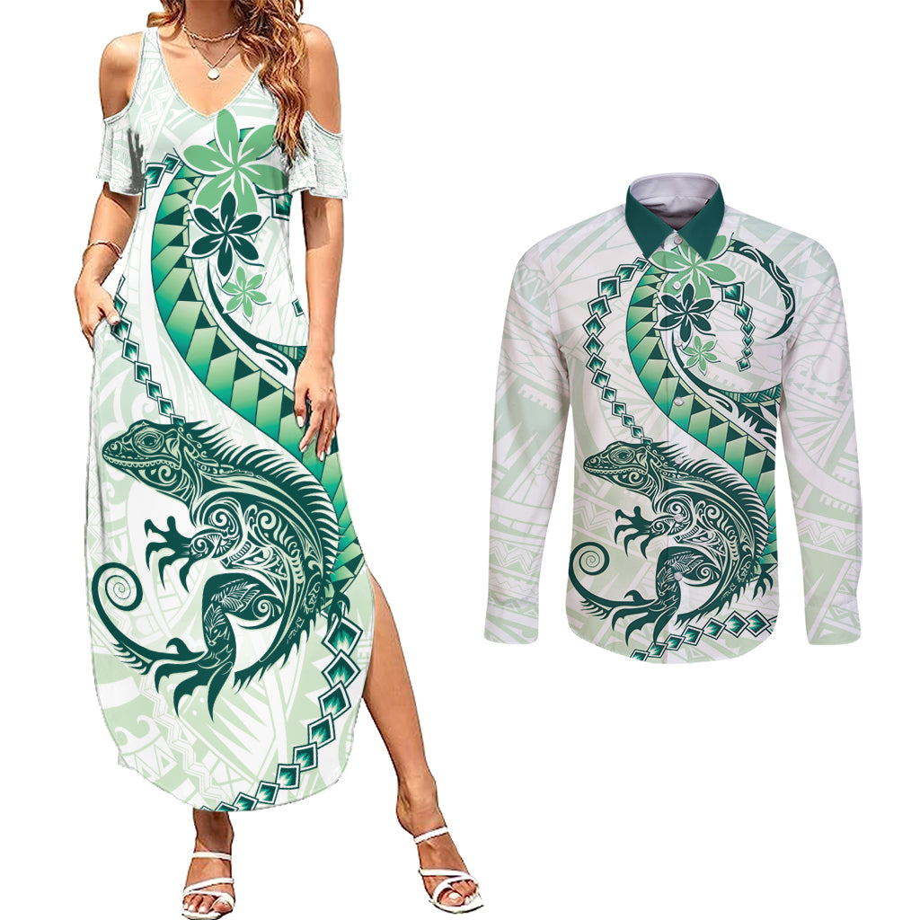 Green Maori Tuatara Couples Matching Summer Maxi Dress and Long Sleeve Button Shirt Luxury Pastel Pattern