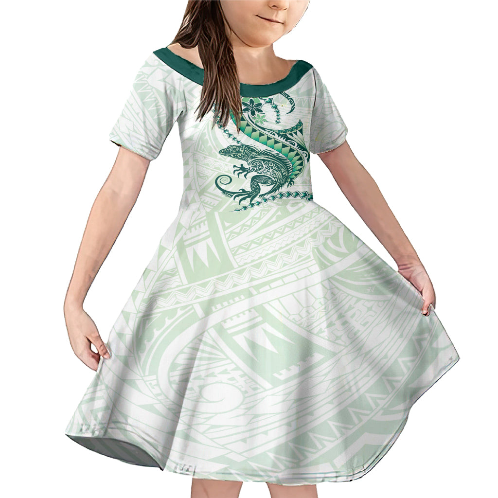 Green Maori Tuatara Family Matching Mermaid Dress and Hawaiian Shirt Luxury Pastel Pattern LT01 Daughter's Dress Green - Polynesian Pride