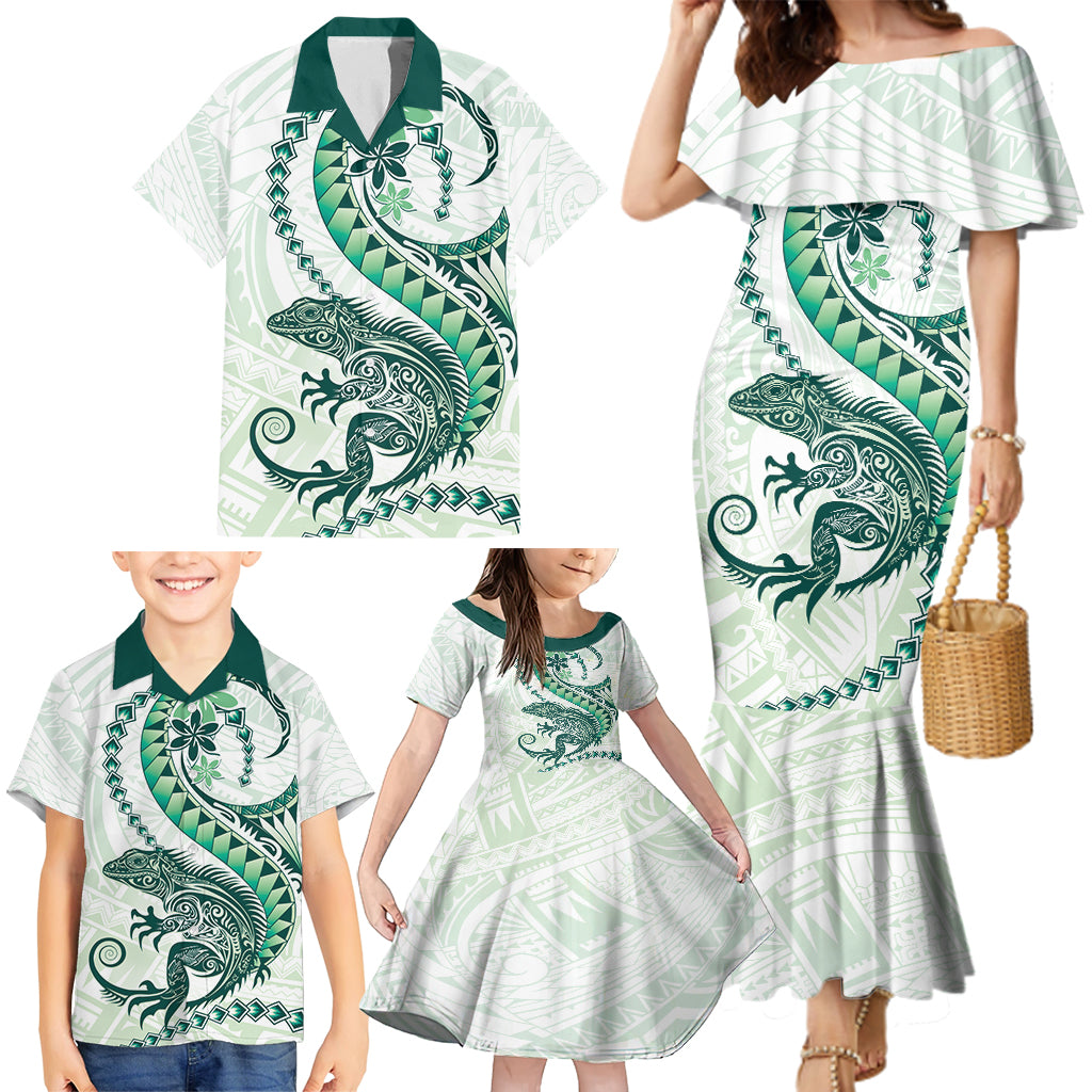 Green Maori Tuatara Family Matching Mermaid Dress and Hawaiian Shirt Luxury Pastel Pattern LT01 - Polynesian Pride