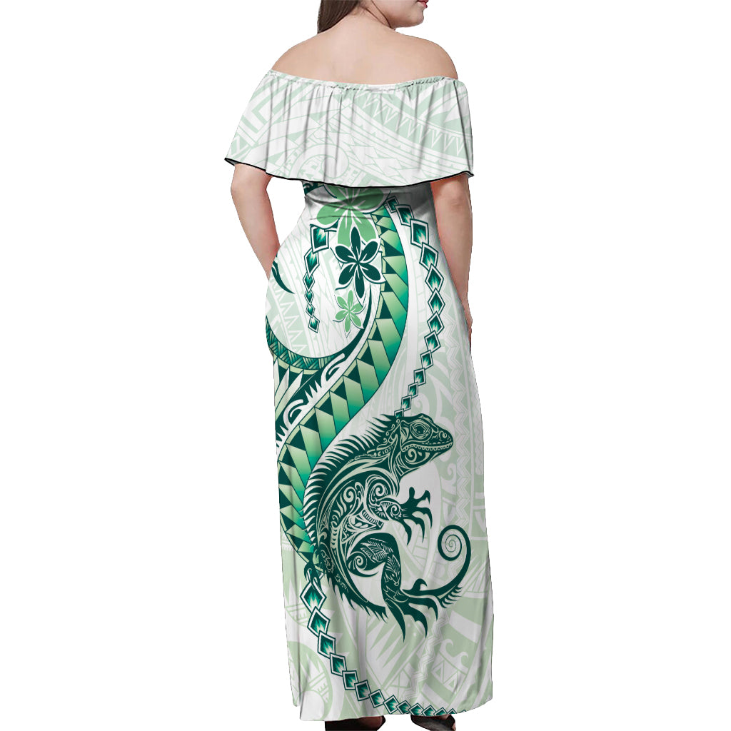 Green Maori Tuatara Off Shoulder Maxi Dress Luxury Pastel Pattern