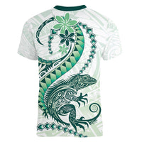 Green Maori Tuatara Women V-Neck T-Shirt Luxury Pastel Pattern