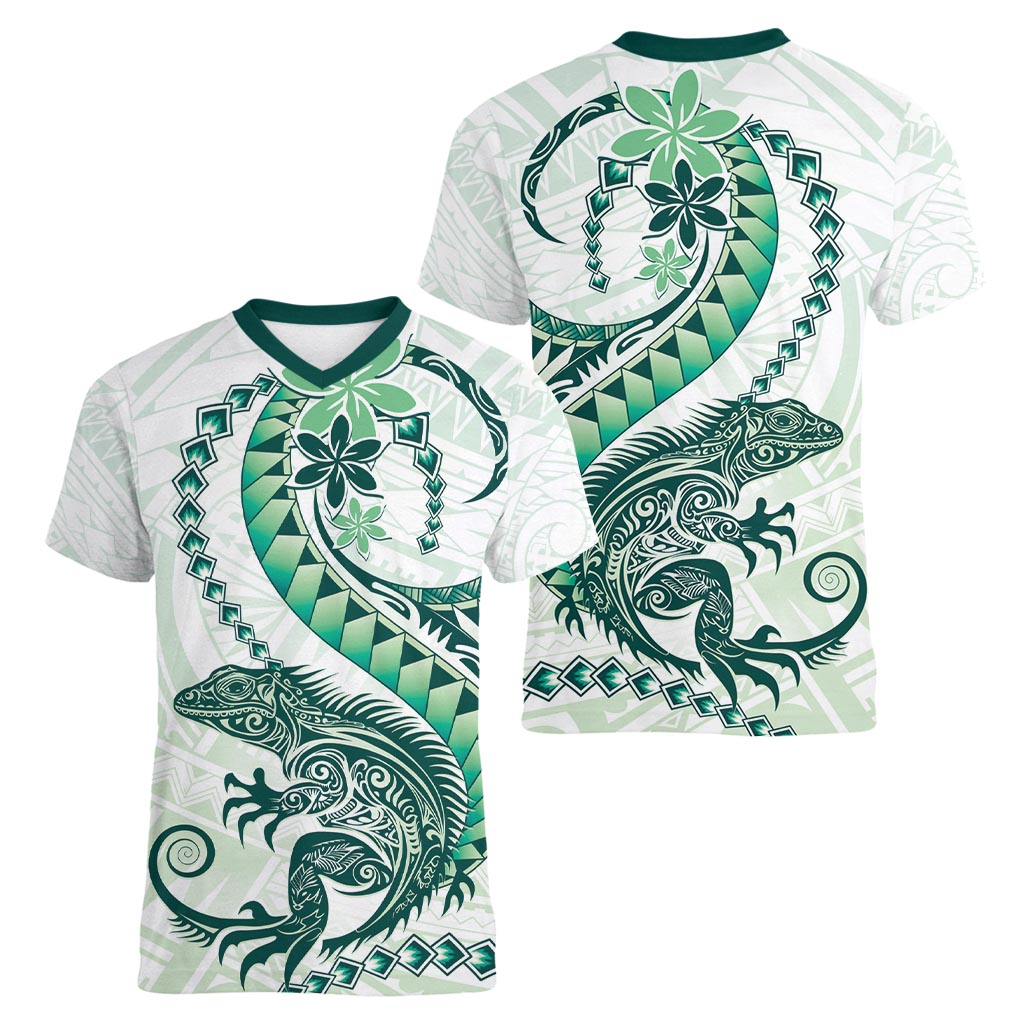 Green Maori Tuatara Women V-Neck T-Shirt Luxury Pastel Pattern
