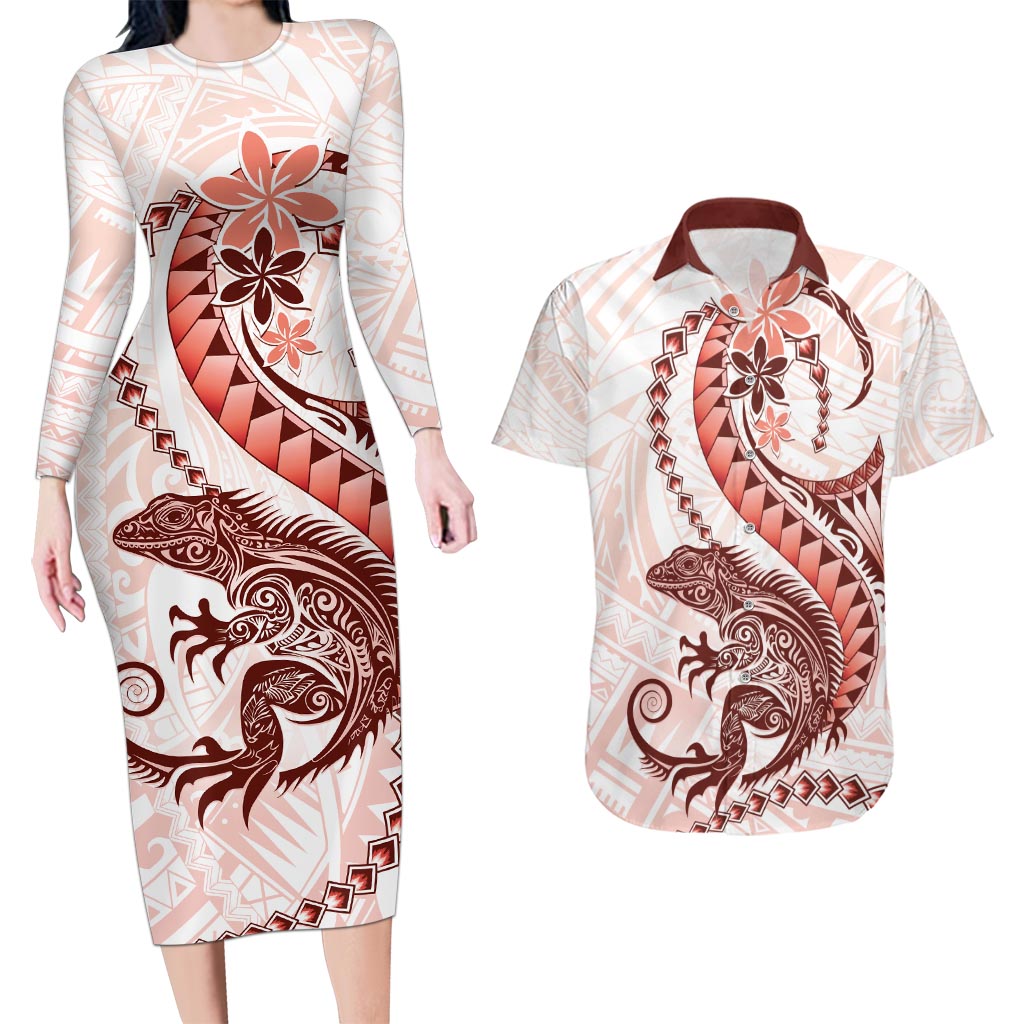 Red Maori Tuatara Couples Matching Long Sleeve Bodycon Dress and Hawaiian Shirt Luxury Pastel Pattern LT01 Red - Polynesian Pride