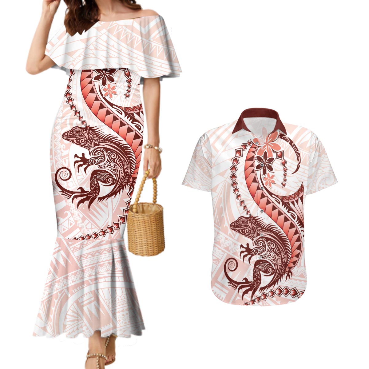 Red Maori Tuatara Couples Matching Mermaid Dress and Hawaiian Shirt Luxury Pastel Pattern LT01 Red - Polynesian Pride