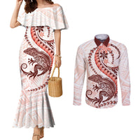 Red Maori Tuatara Couples Matching Mermaid Dress and Long Sleeve Button Shirt Luxury Pastel Pattern LT01 Red - Polynesian Pride