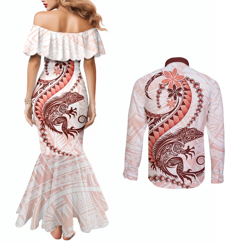 Red Maori Tuatara Couples Matching Mermaid Dress and Long Sleeve Button Shirt Luxury Pastel Pattern LT01 - Polynesian Pride
