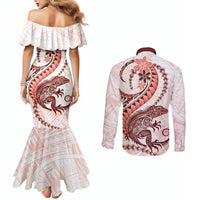 Red Maori Tuatara Couples Matching Mermaid Dress and Long Sleeve Button Shirt Luxury Pastel Pattern LT01 - Polynesian Pride