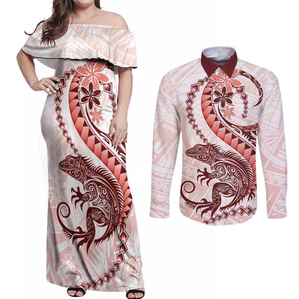Red Maori Tuatara Couples Matching Off Shoulder Maxi Dress and Long Sleeve Button Shirt Luxury Pastel Pattern LT01 Red - Polynesian Pride