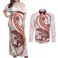Red Maori Tuatara Couples Matching Off Shoulder Maxi Dress and Long Sleeve Button Shirt Luxury Pastel Pattern LT01 Red - Polynesian Pride