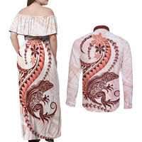 Red Maori Tuatara Couples Matching Off Shoulder Maxi Dress and Long Sleeve Button Shirt Luxury Pastel Pattern LT01 - Polynesian Pride