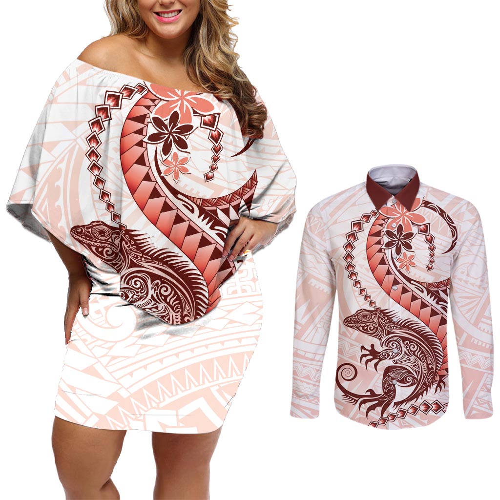 Red Maori Tuatara Couples Matching Off Shoulder Short Dress and Long Sleeve Button Shirt Luxury Pastel Pattern LT01 Red - Polynesian Pride