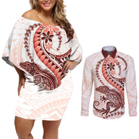 Red Maori Tuatara Couples Matching Off Shoulder Short Dress and Long Sleeve Button Shirt Luxury Pastel Pattern LT01 Red - Polynesian Pride