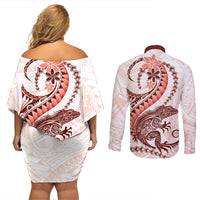 Red Maori Tuatara Couples Matching Off Shoulder Short Dress and Long Sleeve Button Shirt Luxury Pastel Pattern LT01 - Polynesian Pride