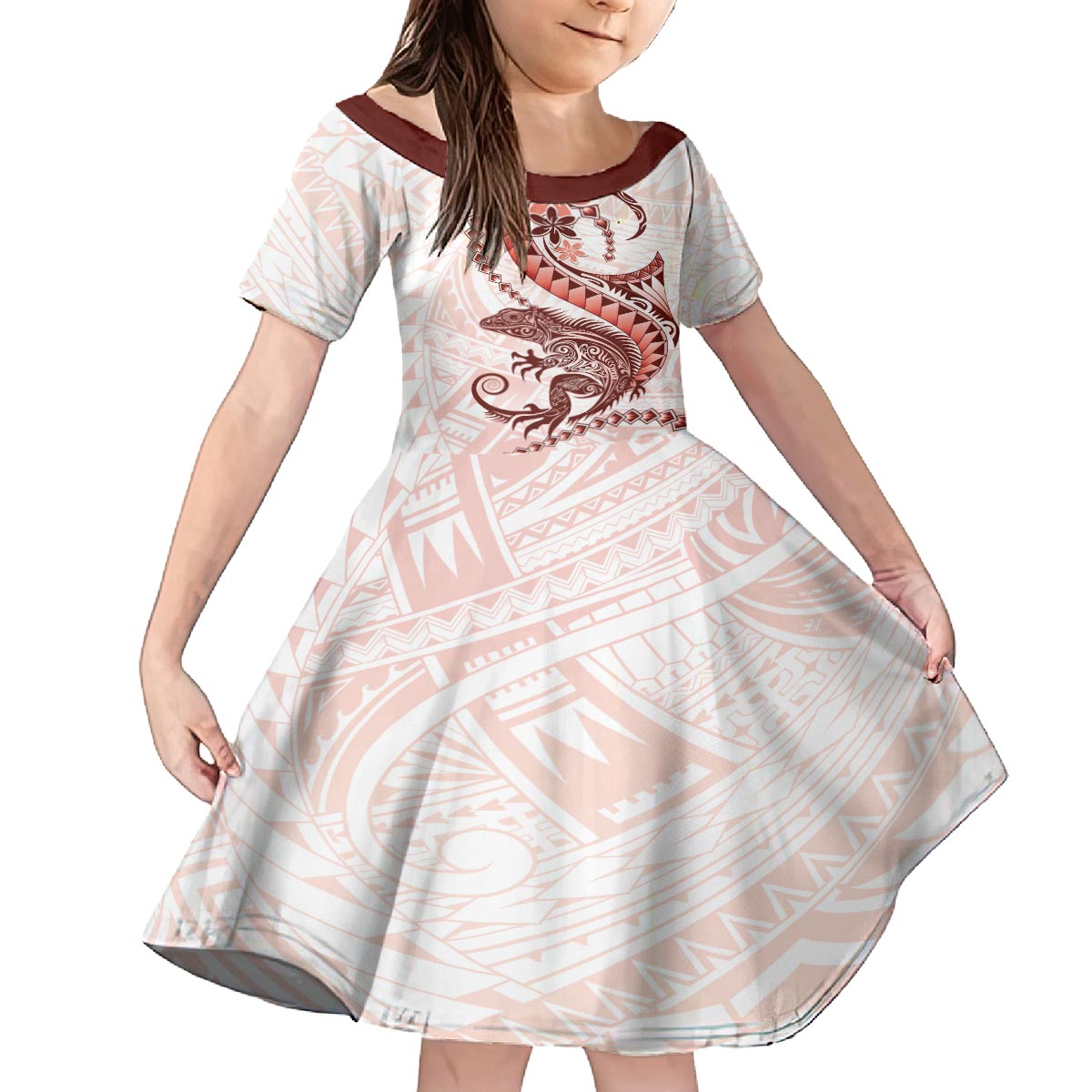 Red Maori Tuatara Family Matching Puletasi and Hawaiian Shirt Luxury Pastel Pattern LT01 Daughter's Dress Red - Polynesian Pride