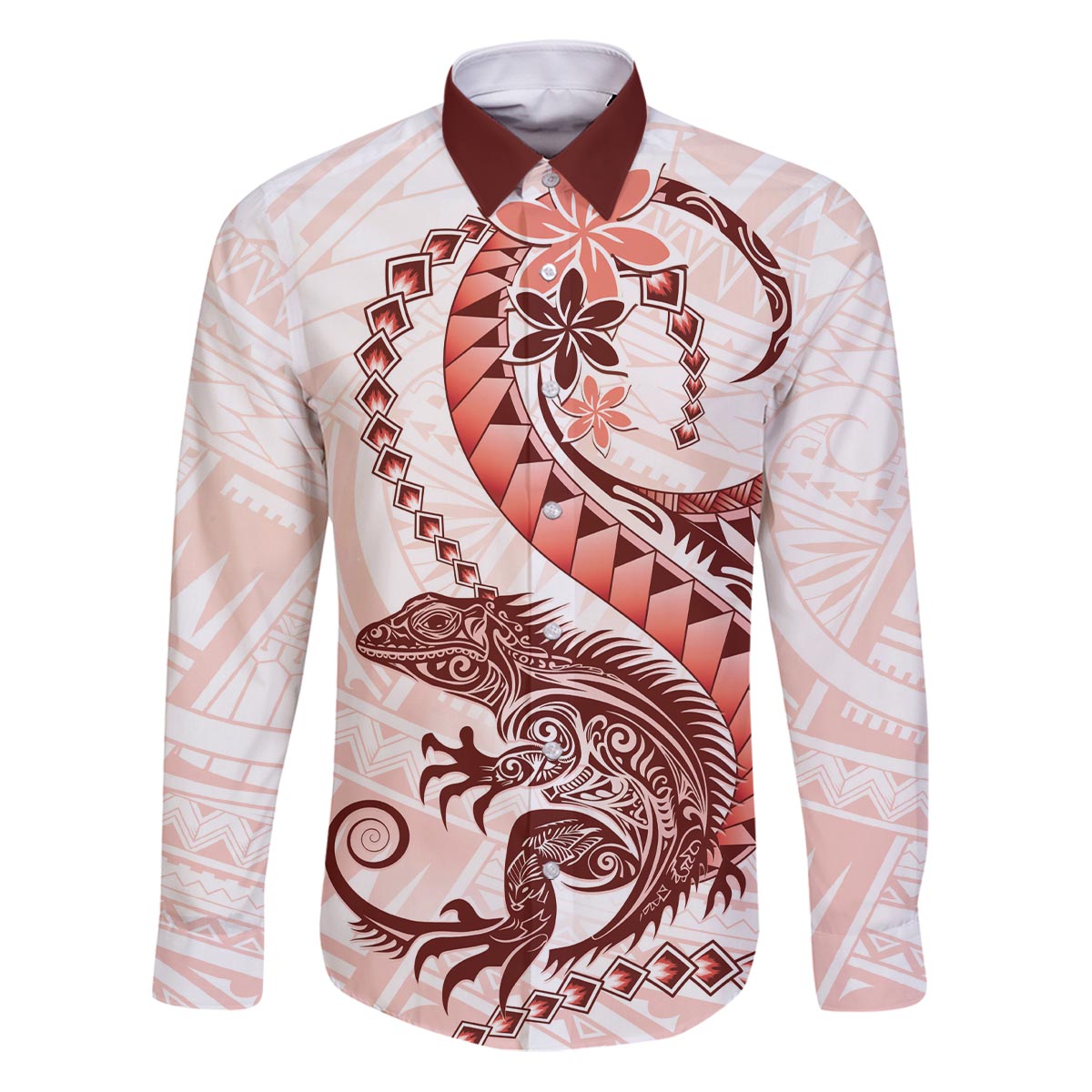 Red Maori Tuatara Family Matching Puletasi and Hawaiian Shirt Luxury Pastel Pattern LT01 Dad's Shirt - Long Sleeve Red - Polynesian Pride