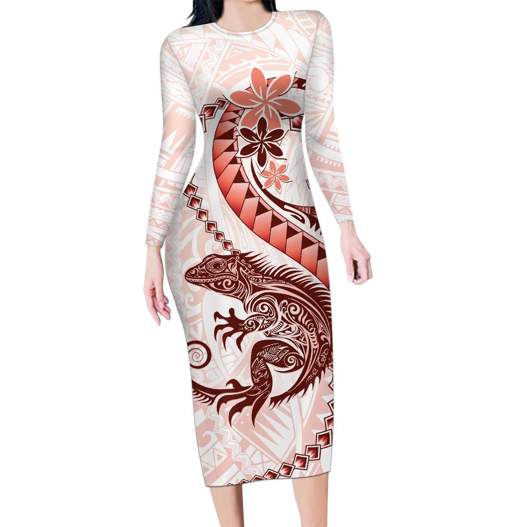 Red Maori Tuatara Long Sleeve Bodycon Dress Luxury Pastel Pattern LT01 Long Dress Red - Polynesian Pride